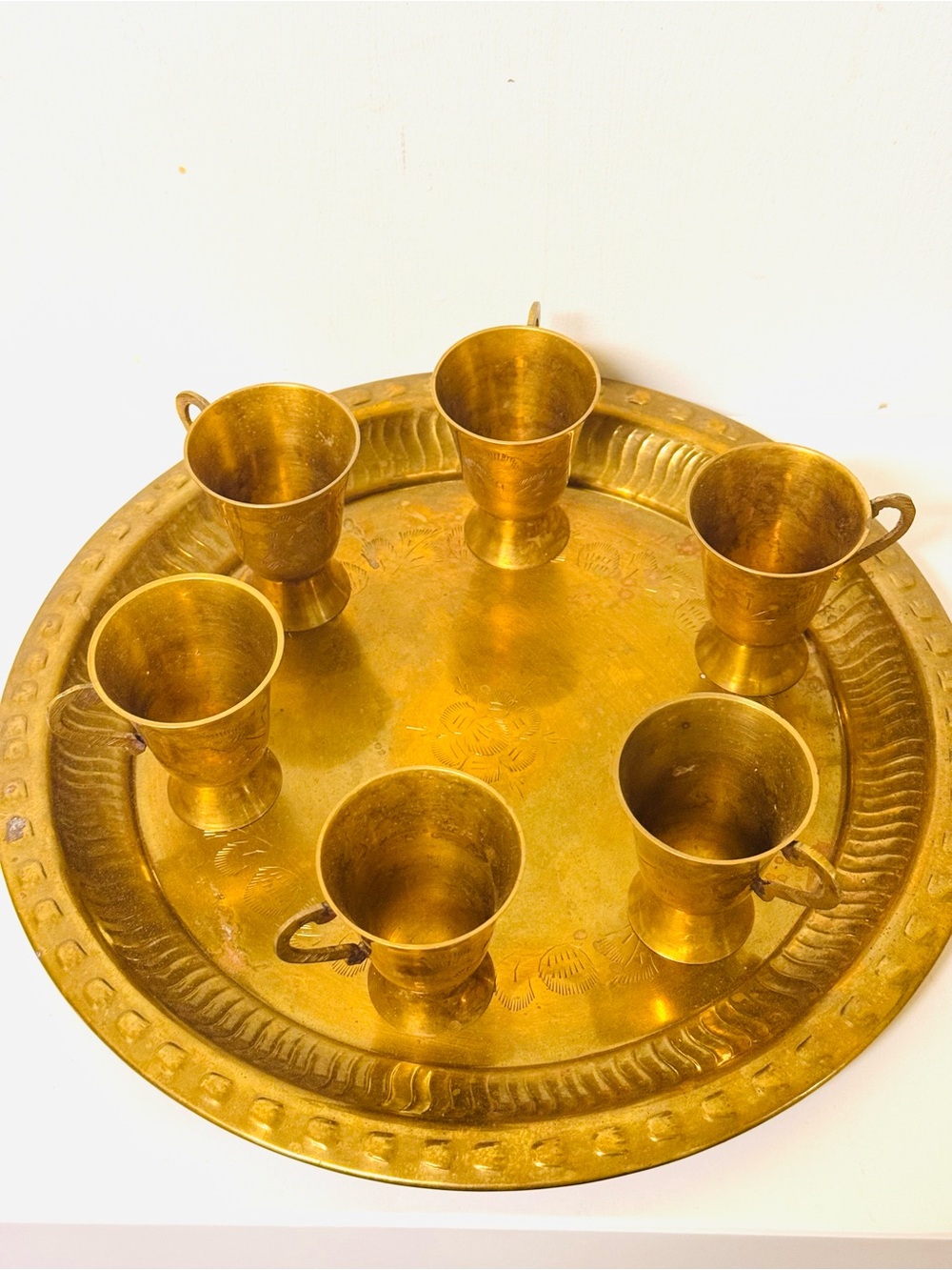 Vintage Brass Tea Cup and Tray Set - Gold